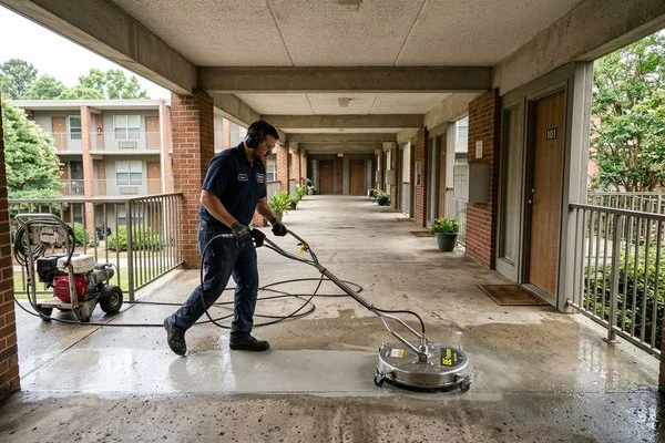 HOA apartment complex breezeway after commercial pressure washing