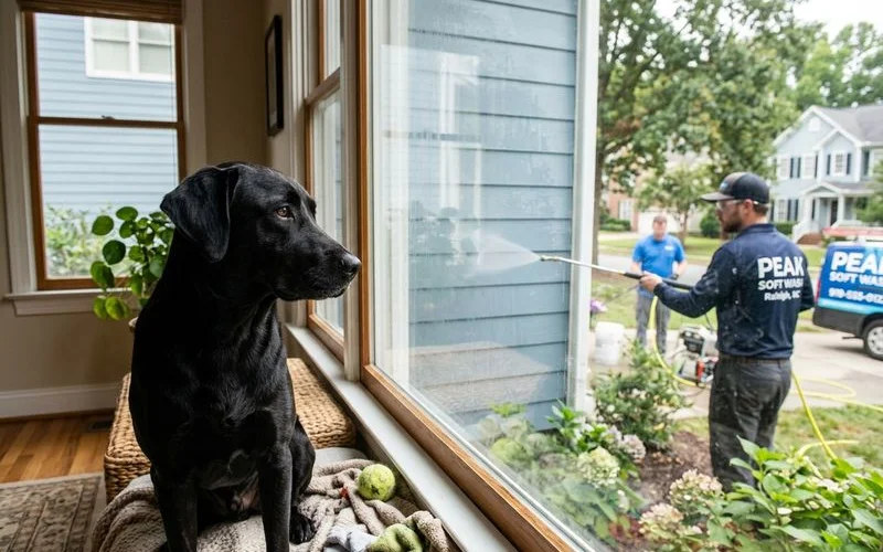 Family dog inside during exterior cleaning