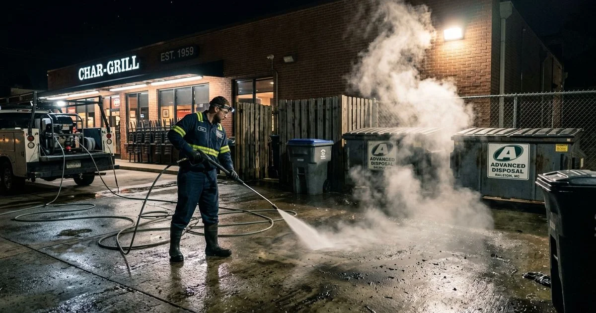 Hot water dumpster pad cleaning after restaurant close