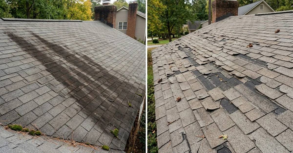 Algae-streaked vs structurally failing roof comparison