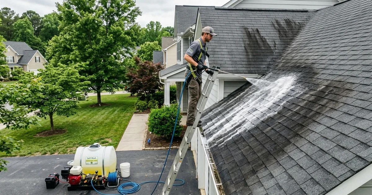 Soft wash roof cleaning in progress at sub-100 PSI