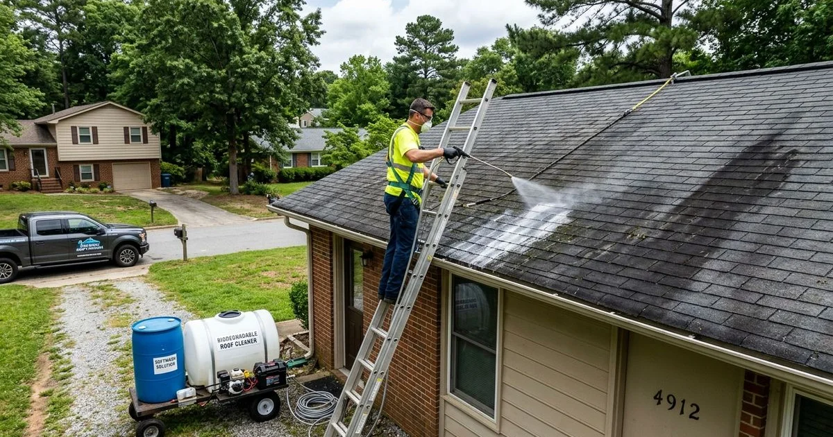 Ground-based soft wash roof cleaning in progress