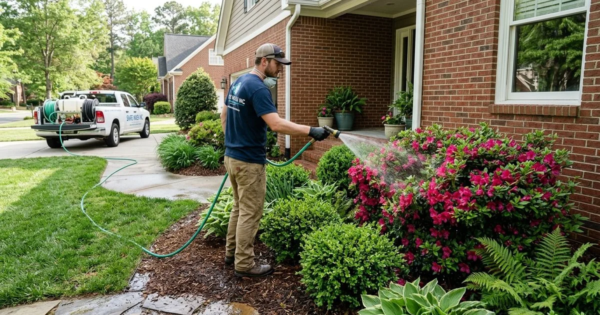 Technician pre-rinsing landscaping bed before house wash