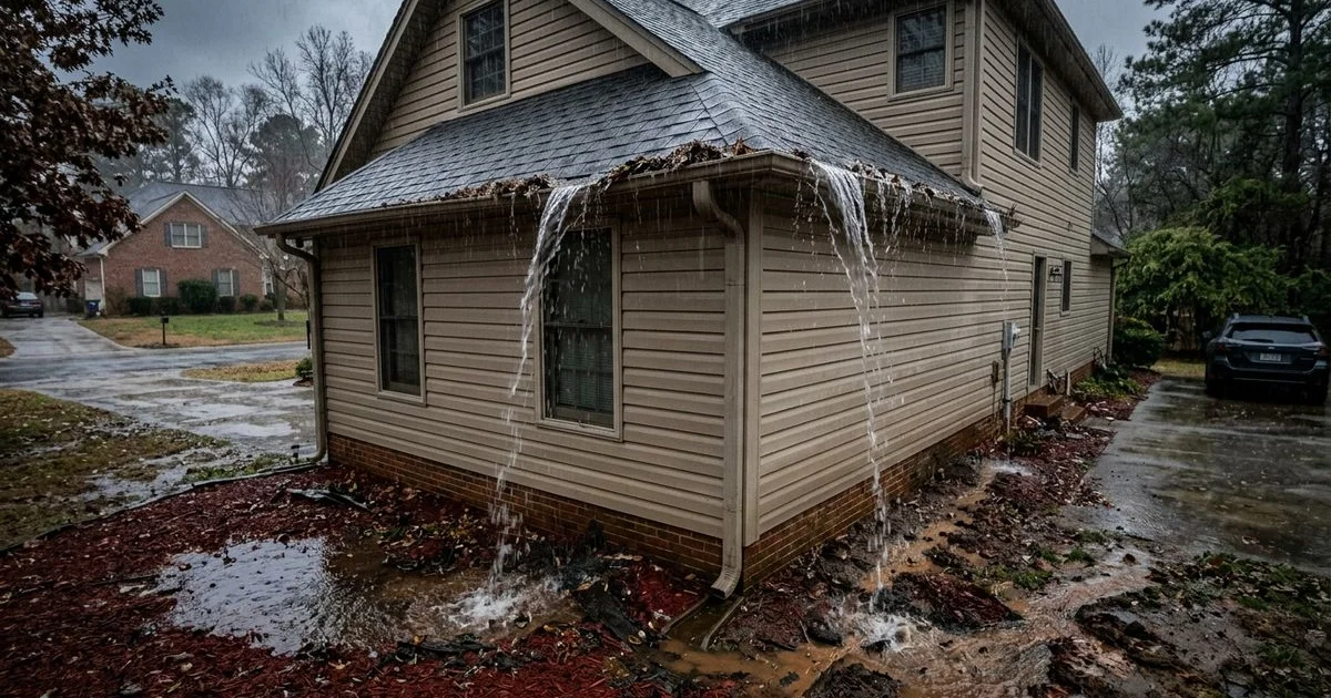 Visible overflow from clogged gutters during rain