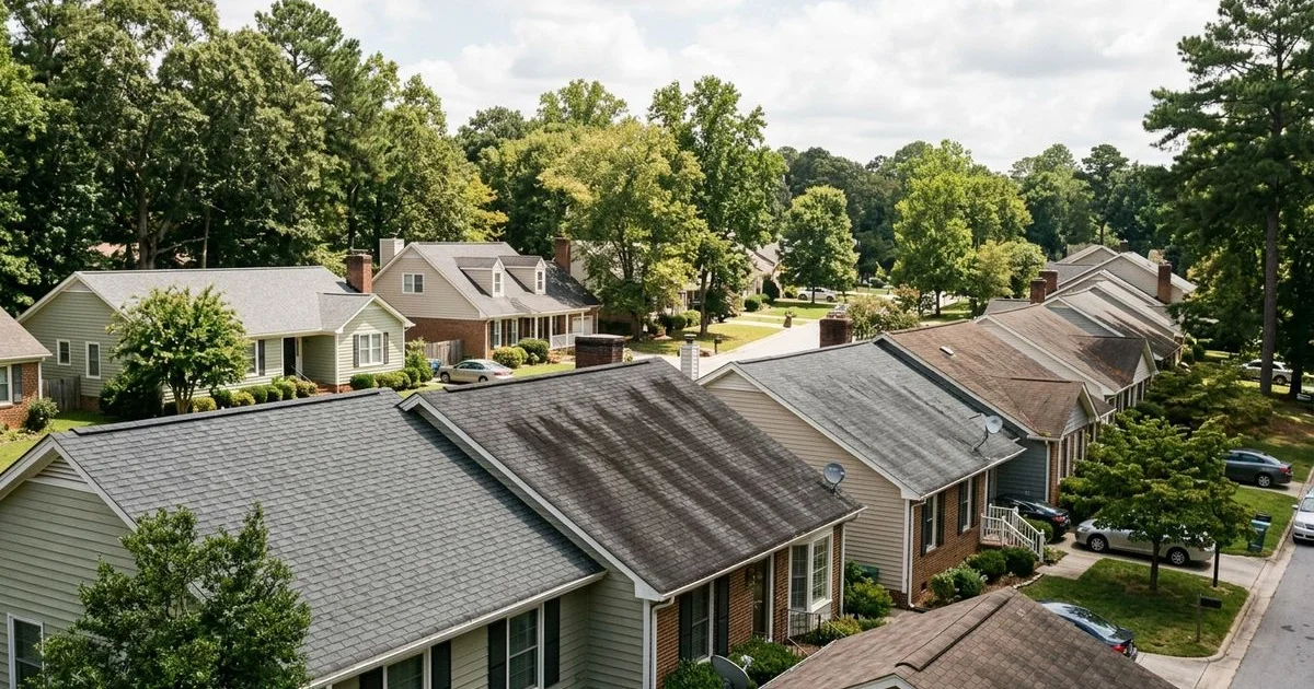 Range of Raleigh rooftops with varying algae streaking